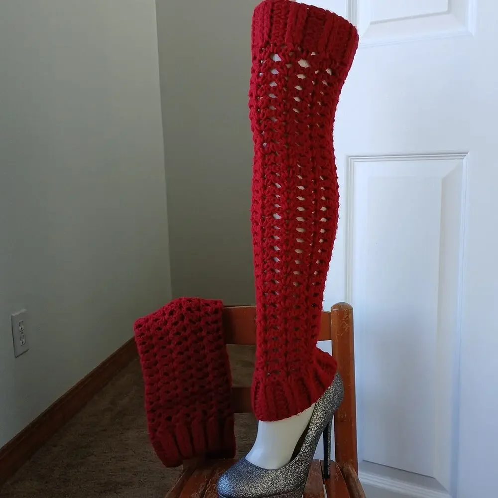 Cherry Red Leg Warmers OSFM crochet warm thick chunky over th knee dance premade